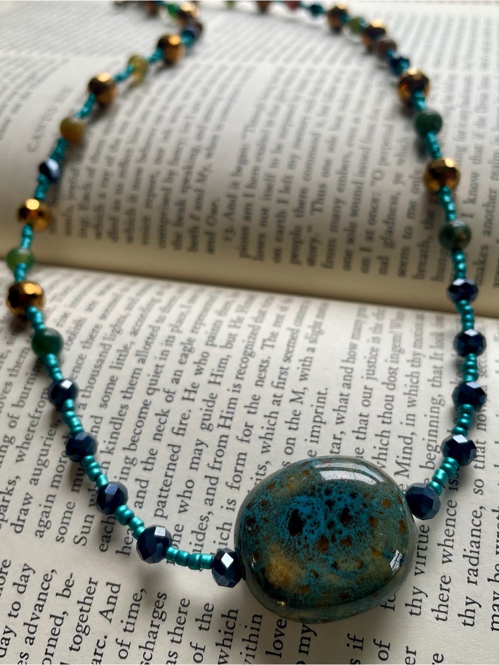 Turquoise and Gold Beaded Pendant Necklace - Women Jewelry
